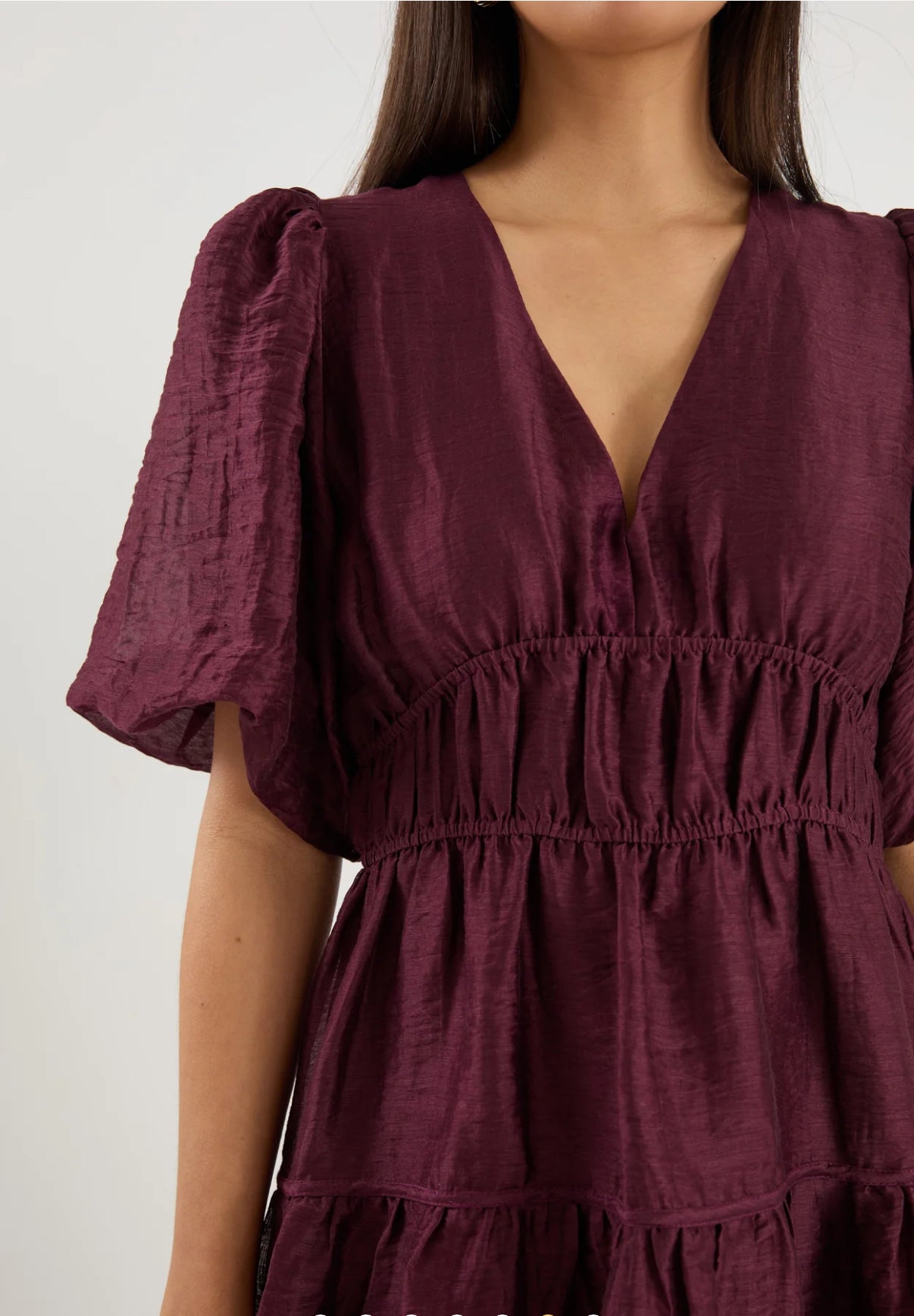 Axel Burgundy Plum Puff Sleeve V Neck Mini Dress