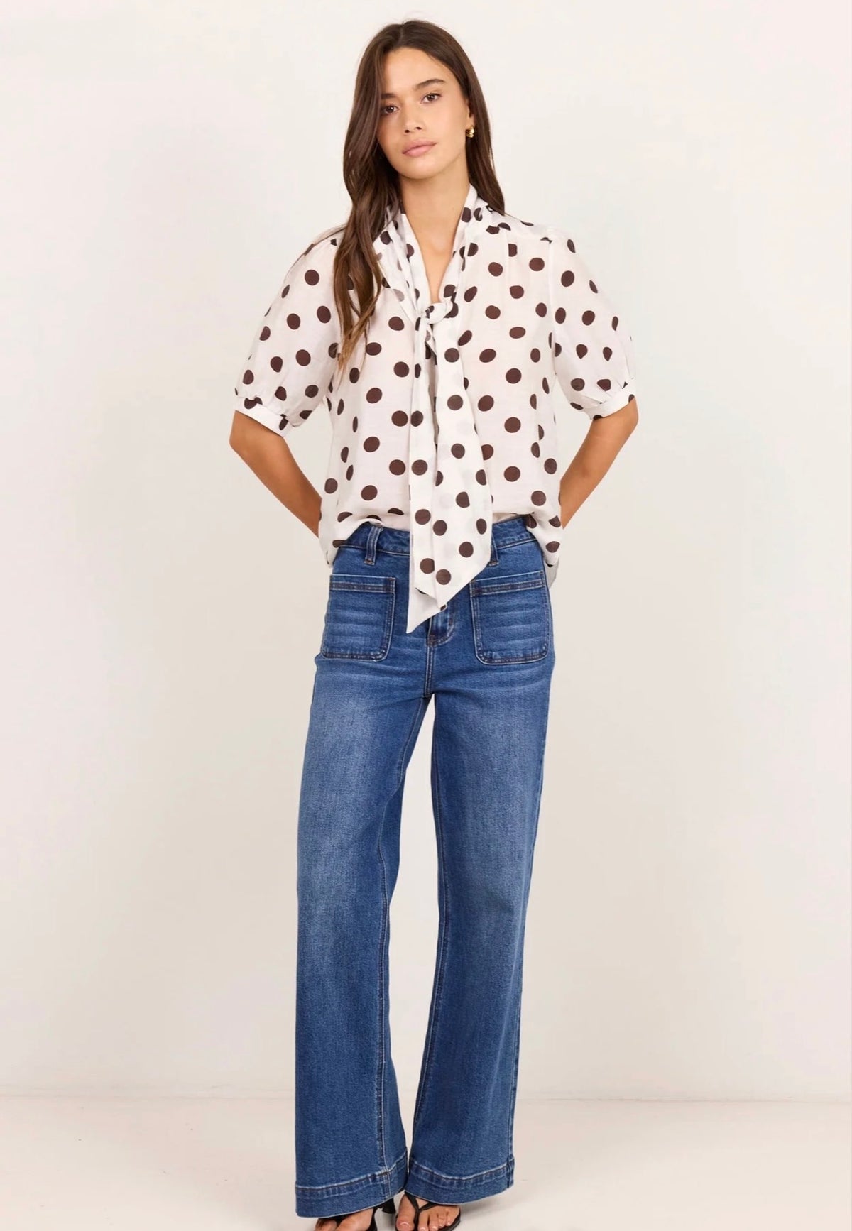 Providence Chocolate Polka Dot Tie Neck Short Sleeve Top
