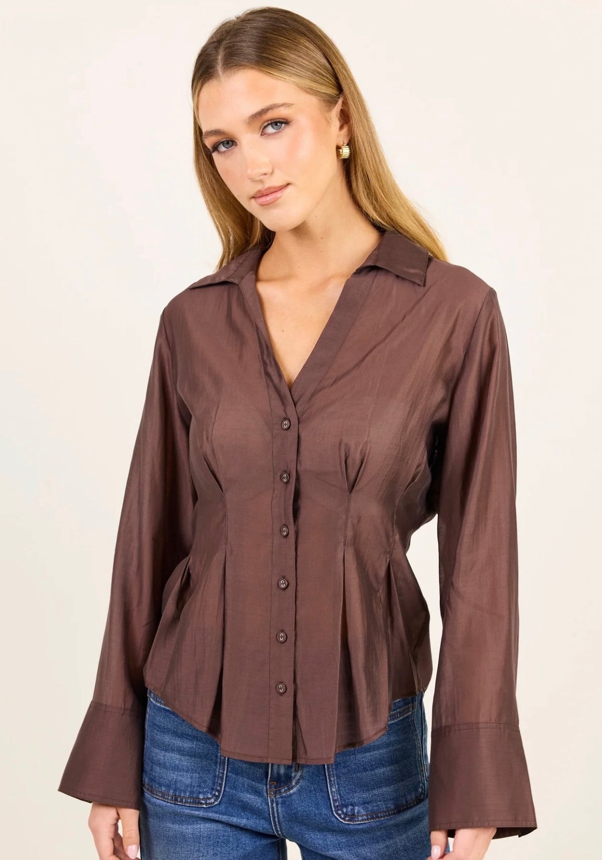 Sundial Chocolate Semi Sheer Corset Detail Waist Shirt