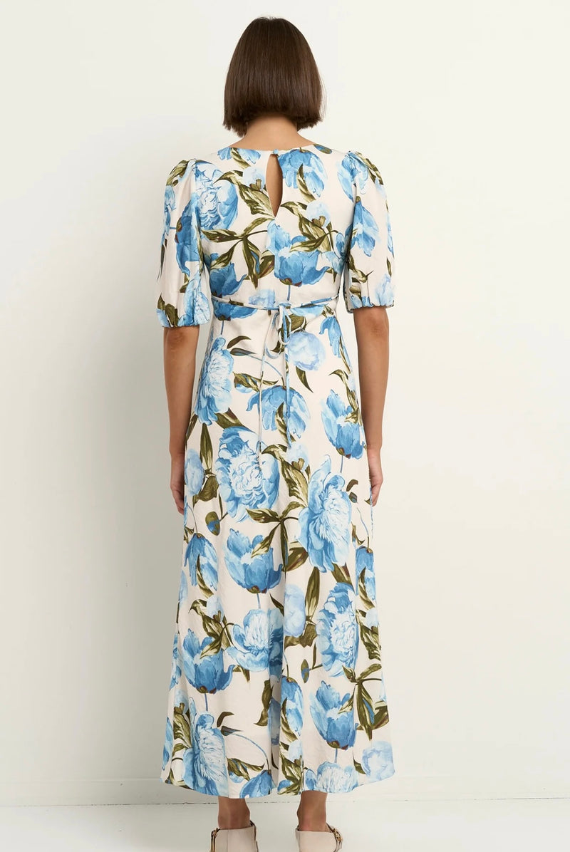 Amora Blue Vintage Floral Short Sleeve Bias Midi Dress