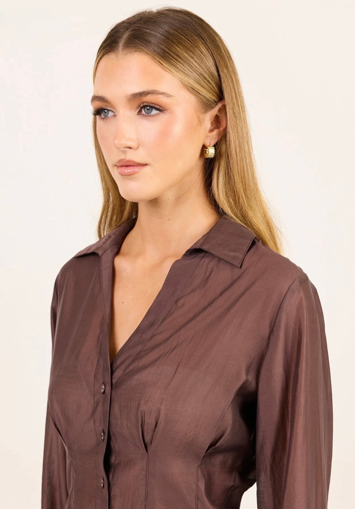 Sundial Chocolate Semi Sheer Corset Detail Waist Shirt