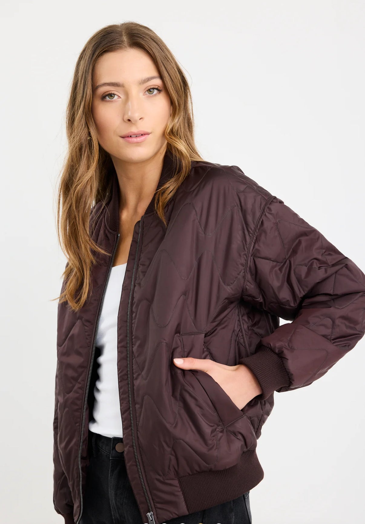 Division Chocolate Zip Front Puffer Bomber Jacket