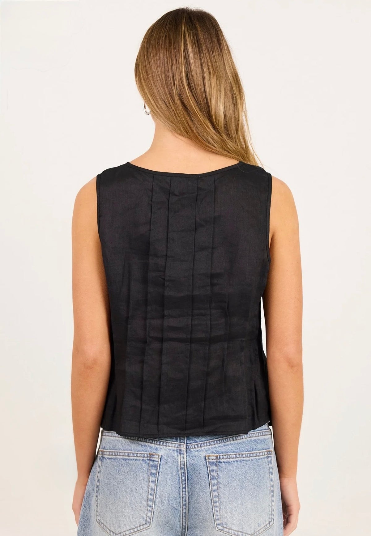 Encourage Black Linen Pintuck Front Boatneck Top