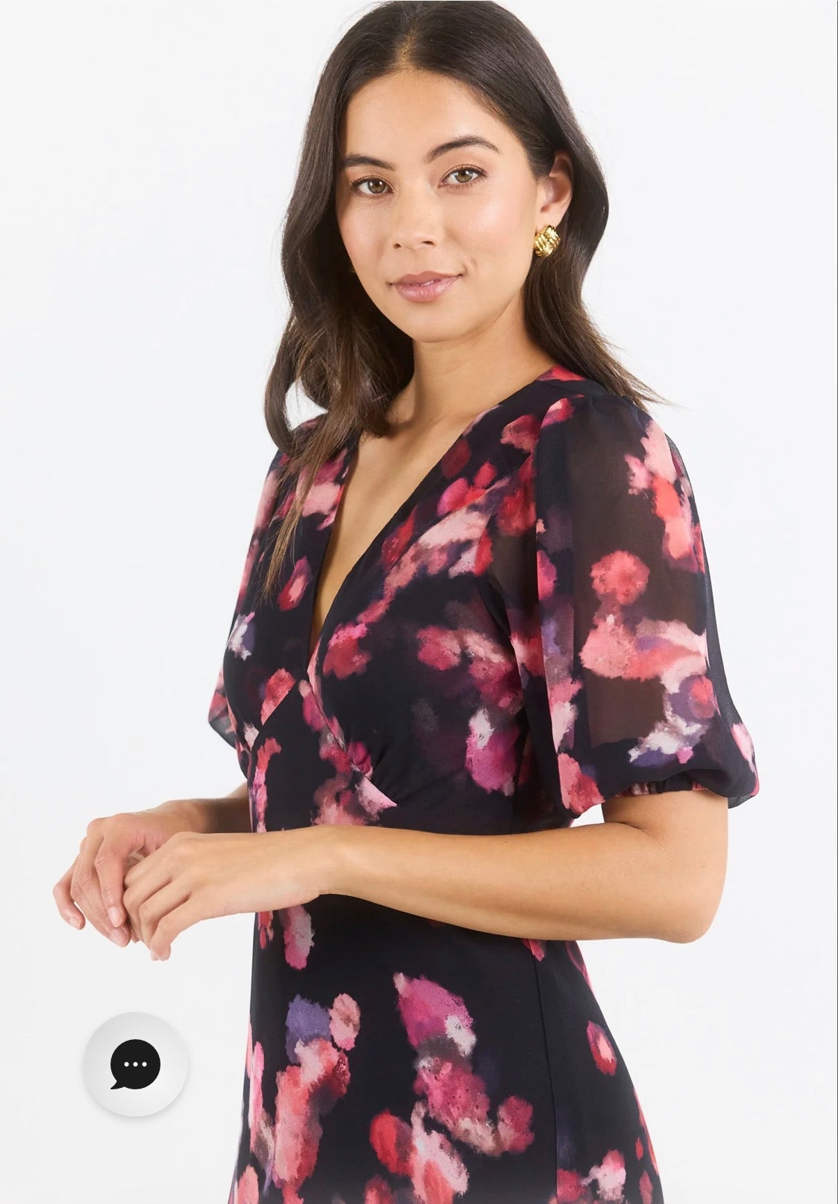 Noble Black Pink Abstract Print V Neck Puff Sleeve Midi Dress