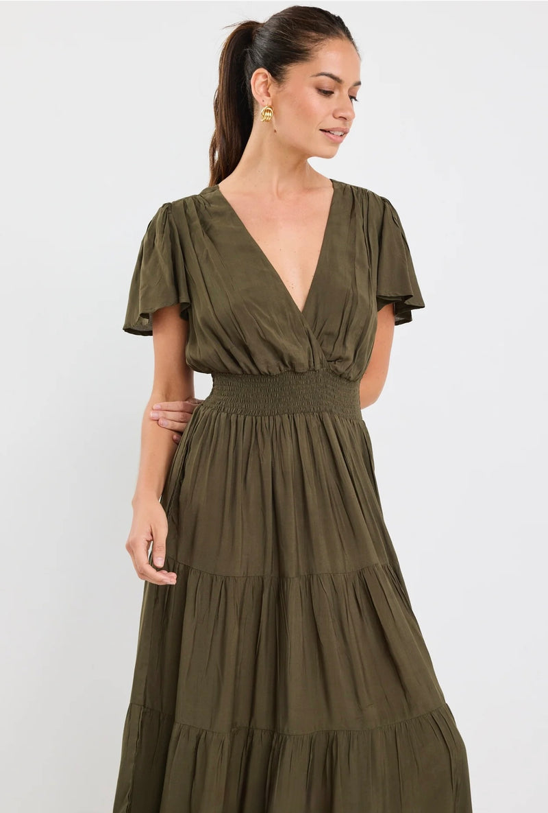 Devotion Olive Floaty Short Sleeve Tiered Maxi Dress