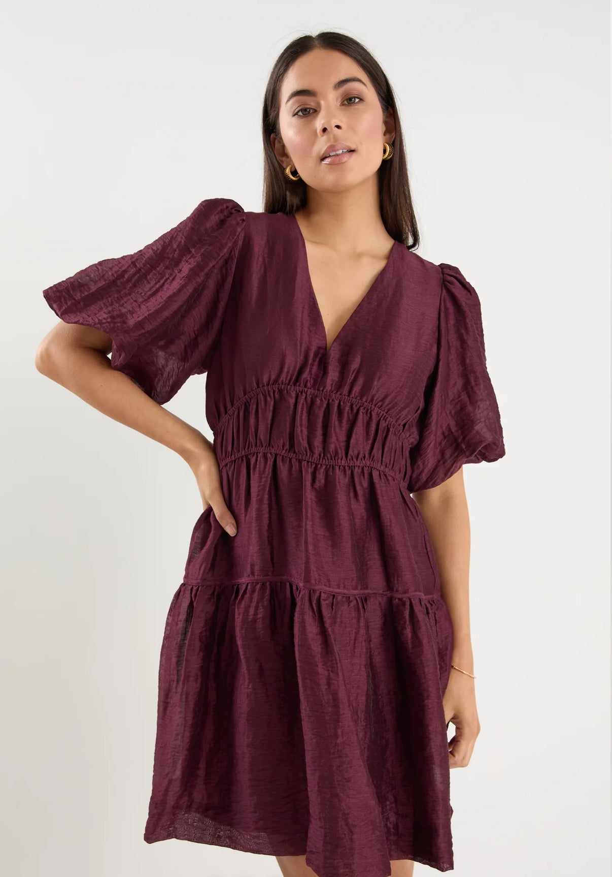 Axel Burgundy Plum Puff Sleeve V Neck Mini Dress