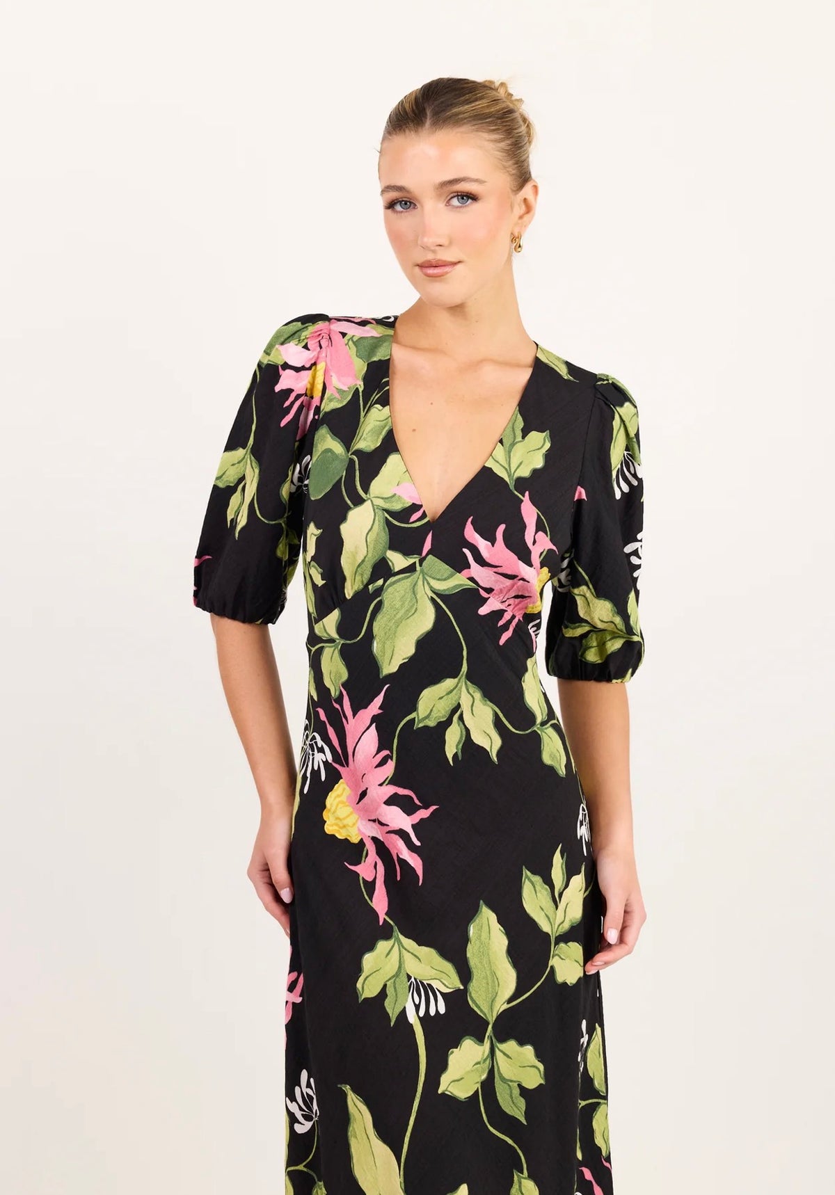 Amora Black Blush Floral SS Bias Maxi Dress
