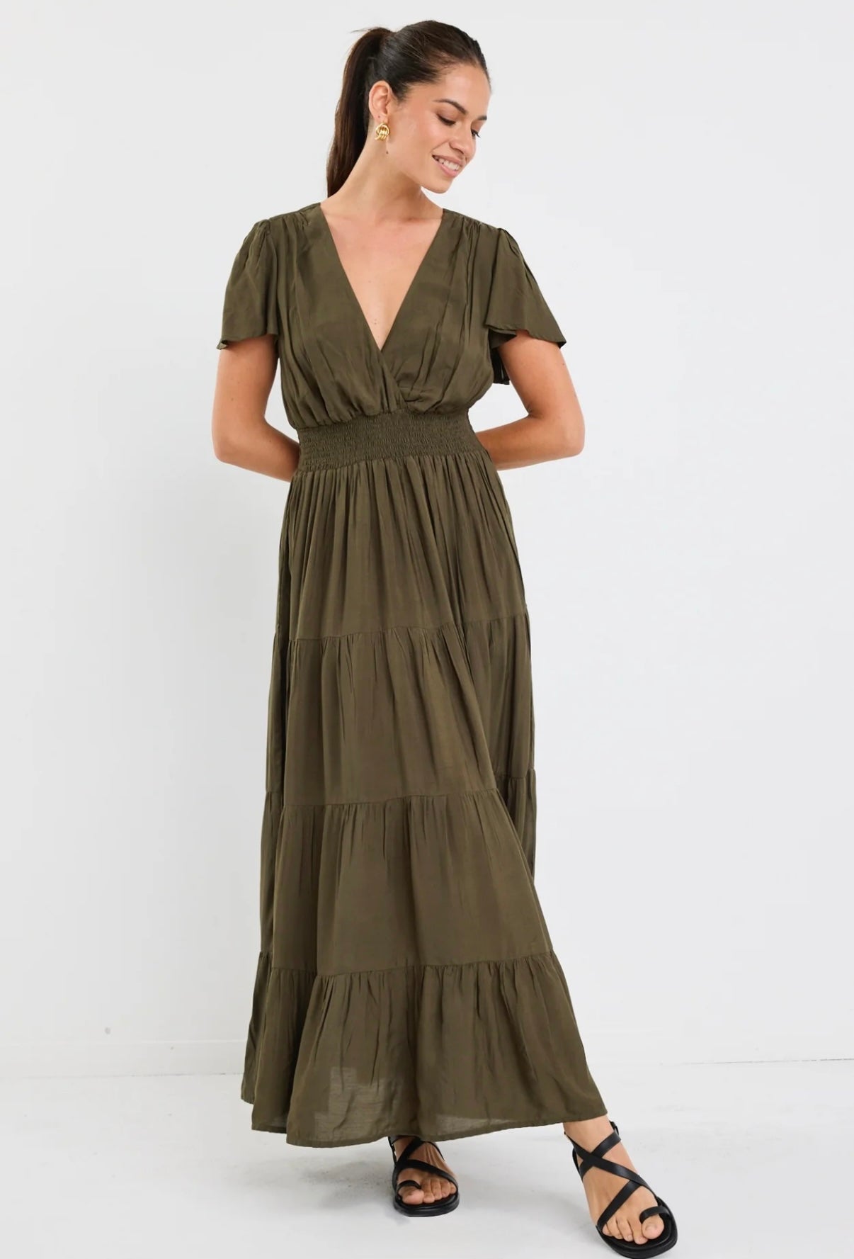 Devotion Olive Floaty Short Sleeve Tiered Maxi Dress