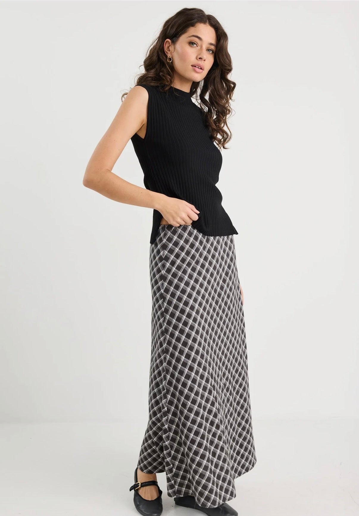 Soulmate Black White Check Bias Cut Midi Skirt