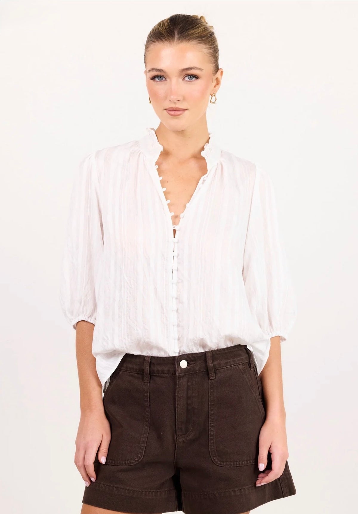 Continuance Ivory Self Stripe Button Through Mid Sleeve Top