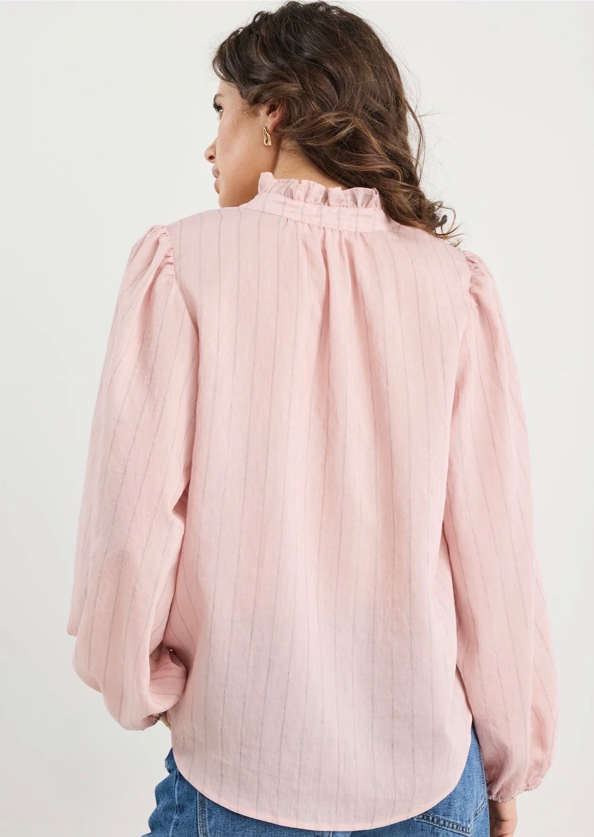 Premise Blush Stripe High Neck Buttoned Long Sleeve Top