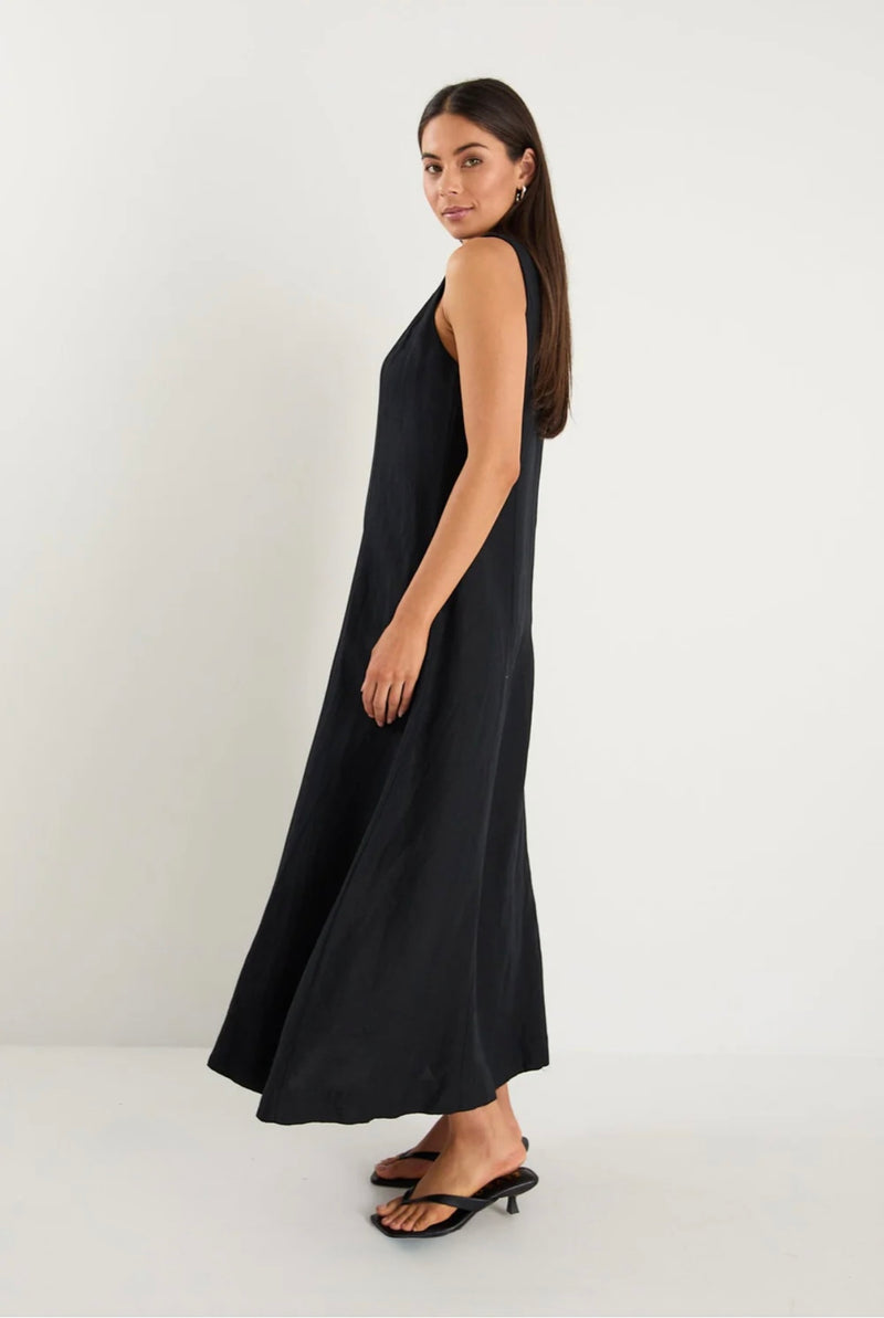Easygoing Black Linen Blend Sleeveless Crew Neck Midi Dress
