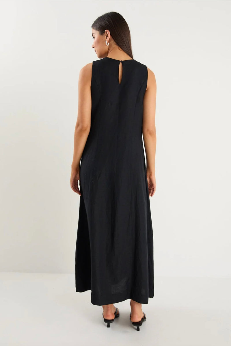 Easygoing Black Linen Blend Sleeveless Crew Neck Midi Dress
