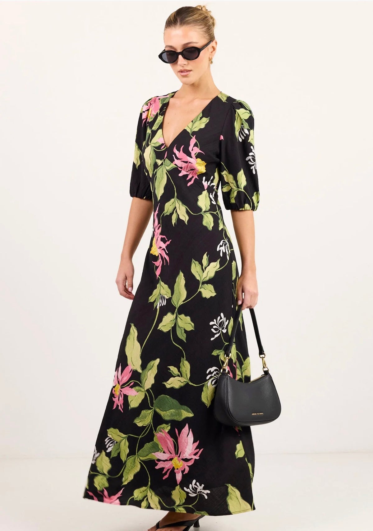 Amora Black Blush Floral SS Bias Maxi Dress