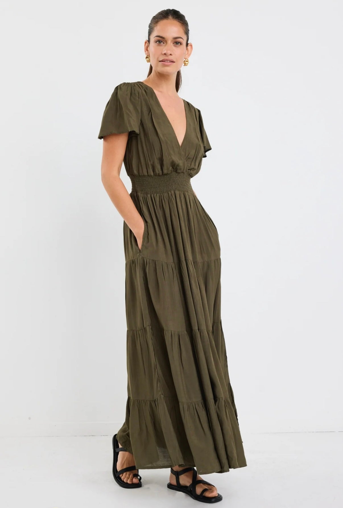 Devotion Olive Floaty Short Sleeve Tiered Maxi Dress