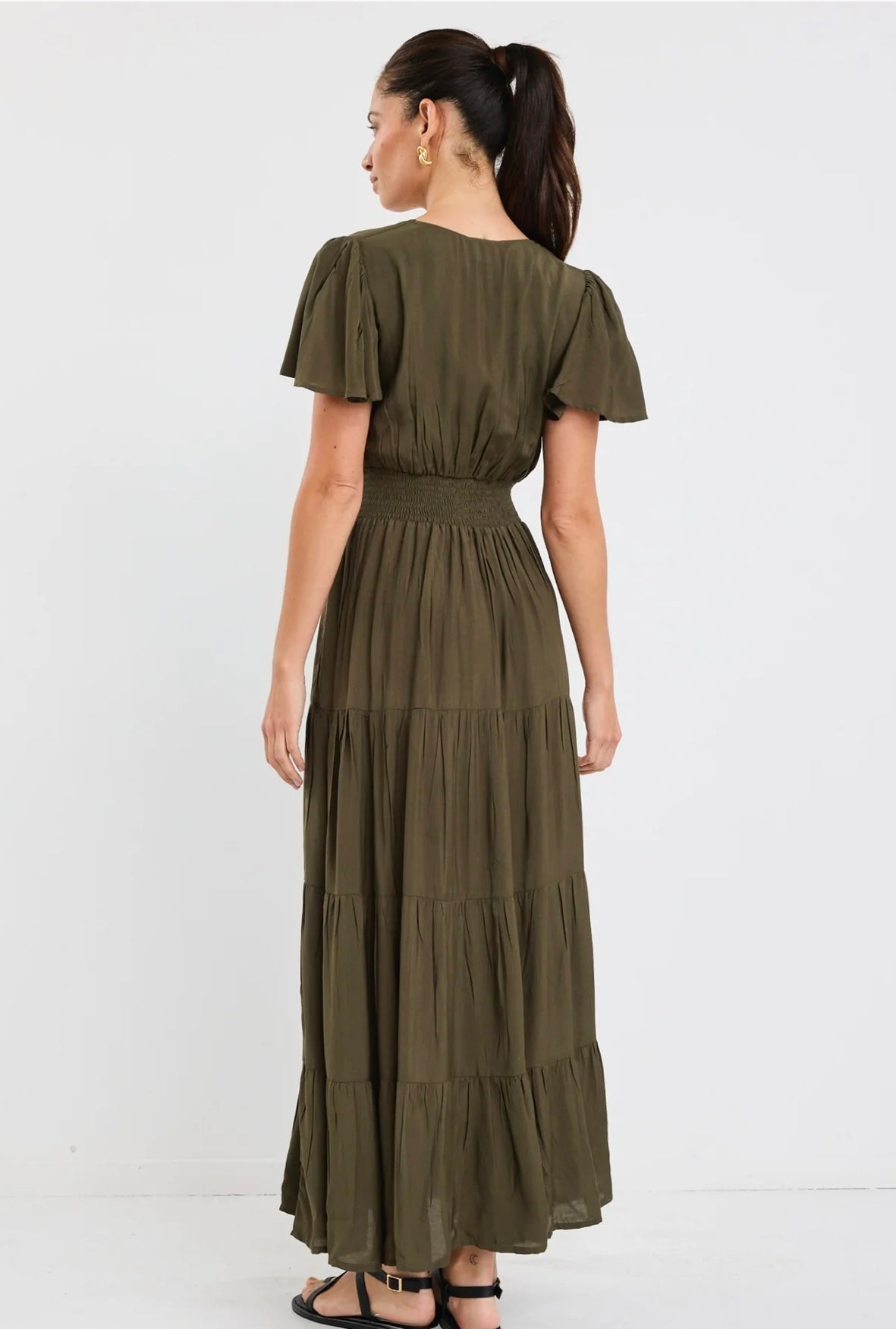 Devotion Olive Floaty Short Sleeve Tiered Maxi Dress