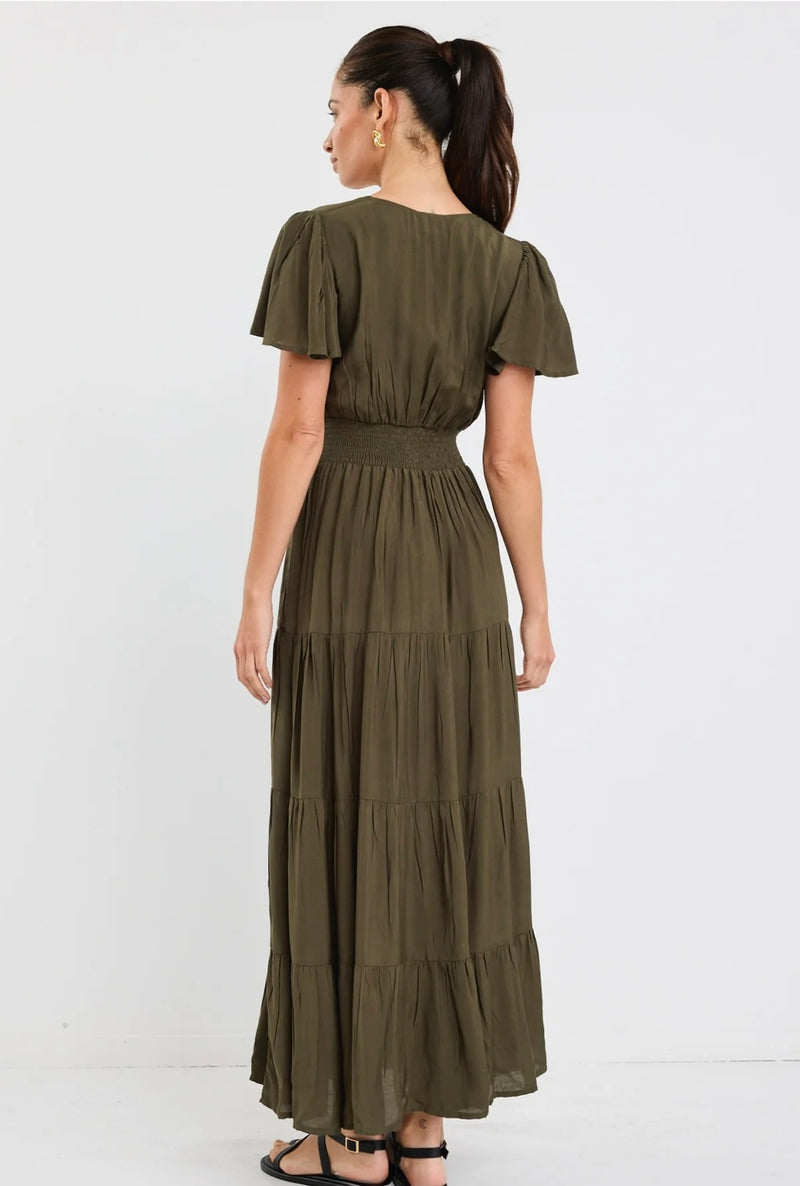 Devotion Olive Floaty Short Sleeve Tiered Maxi Dress