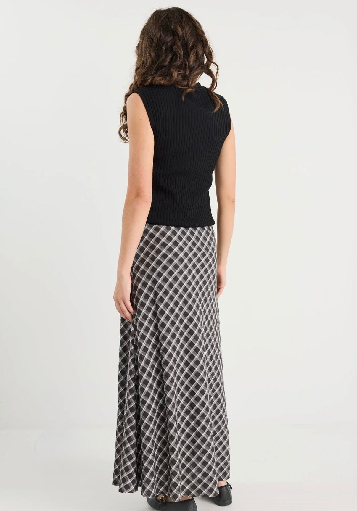 Soulmate Black White Check Bias Cut Midi Skirt