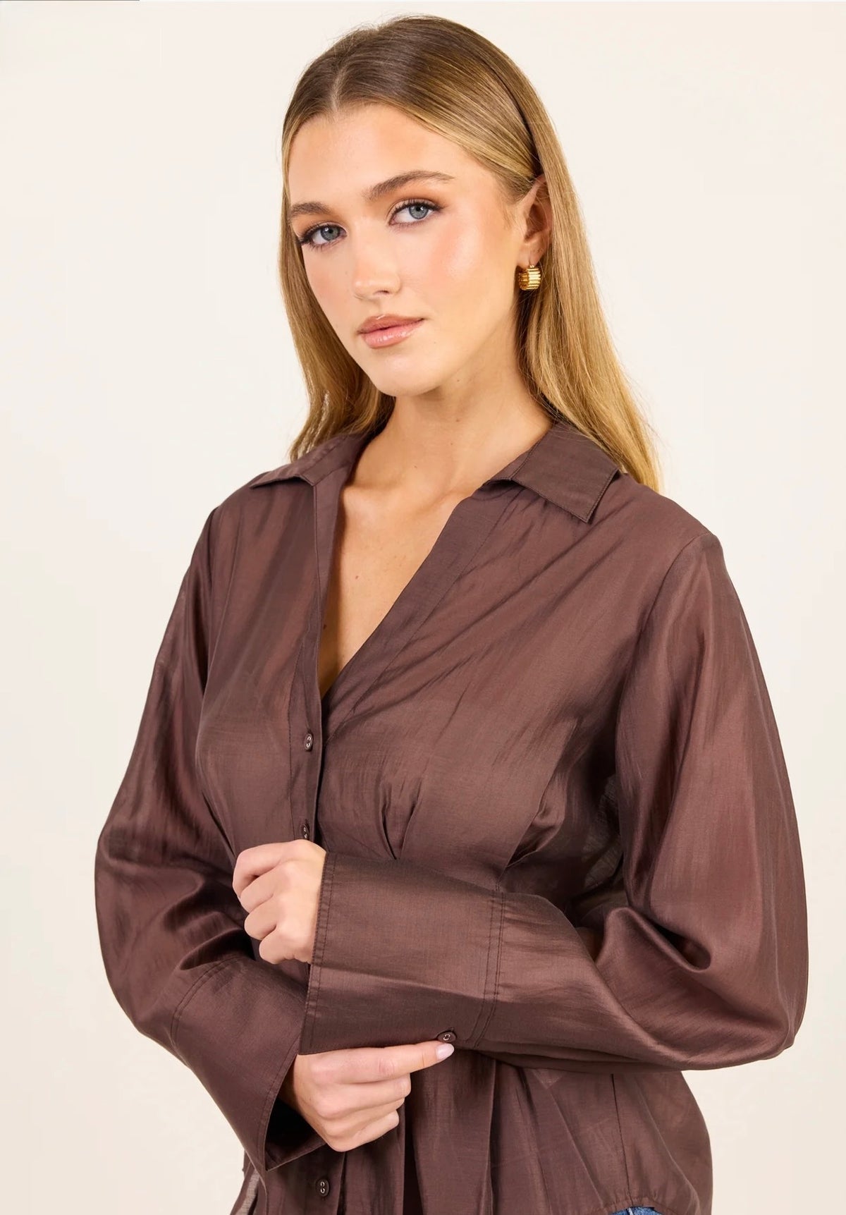Sundial Chocolate Semi Sheer Corset Detail Waist Shirt