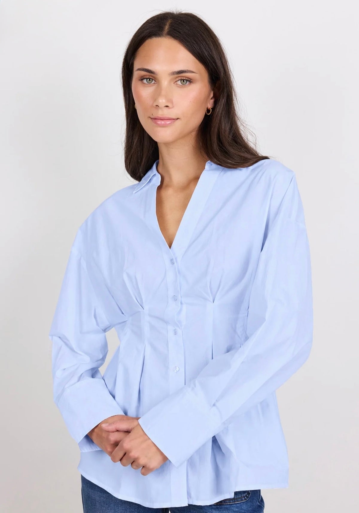 Timekeeper Ice Blue Cotton Poplin Corset Detail Waist Shirt