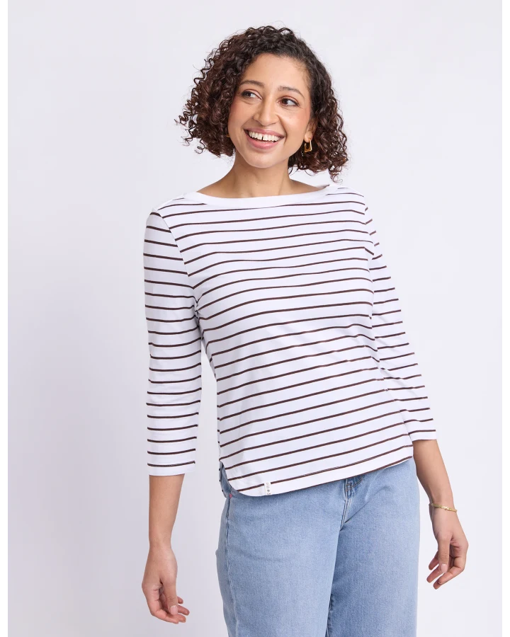 Eliza Boat Neck Tee White Coffee Stripe