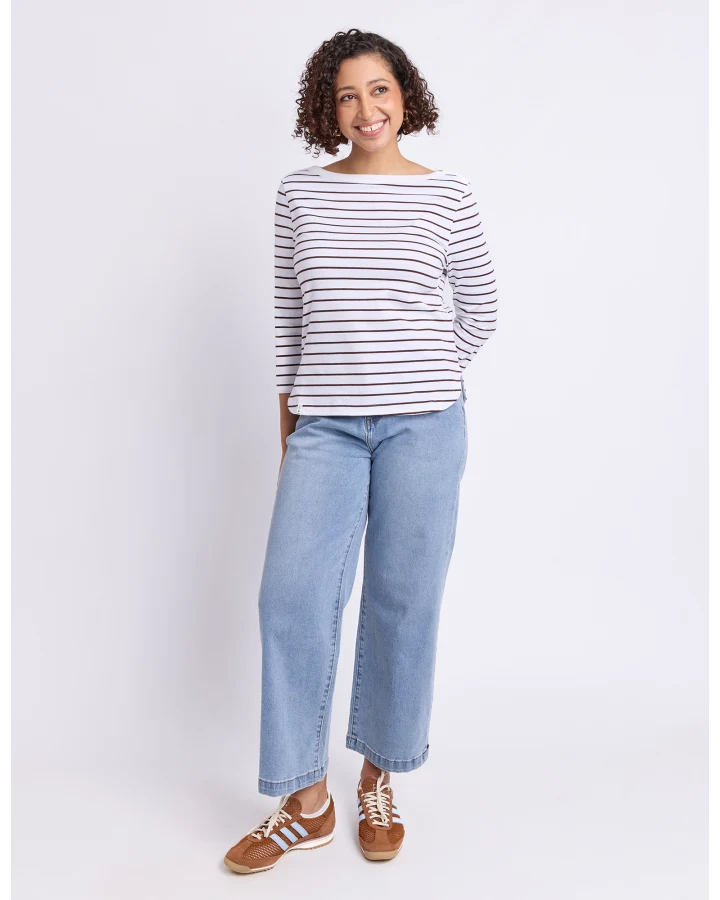 Eliza Boat Neck Tee White Coffee Stripe