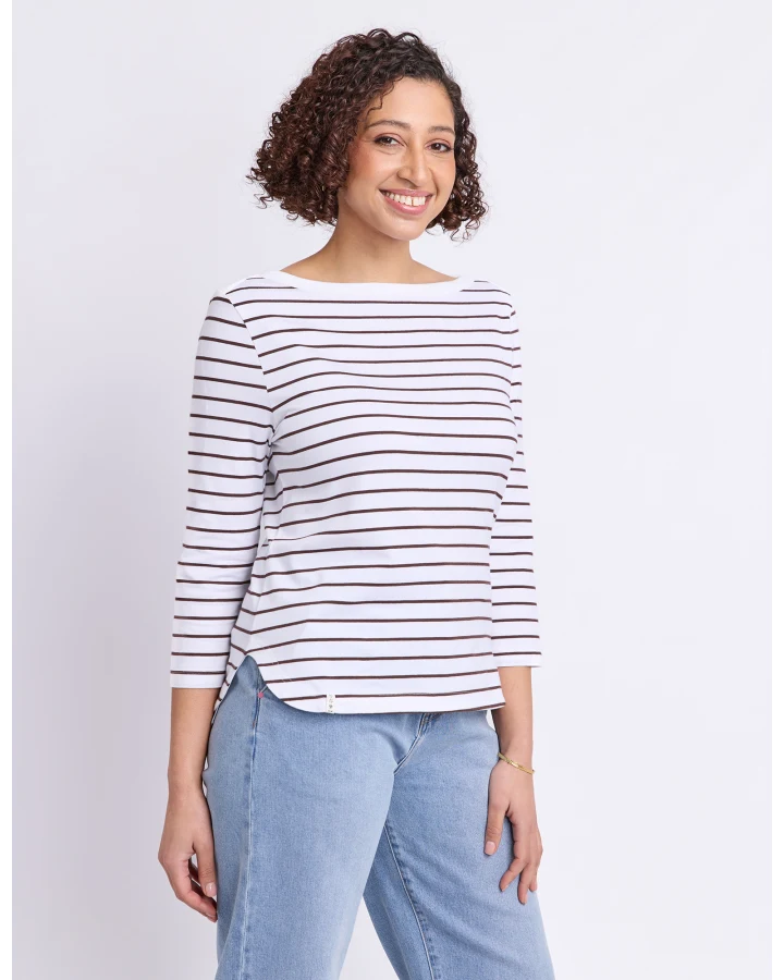 Eliza Boat Neck Tee White Coffee Stripe