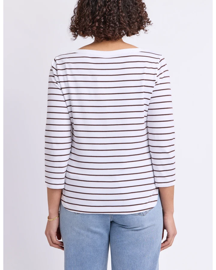 Eliza Boat Neck Tee White Coffee Stripe