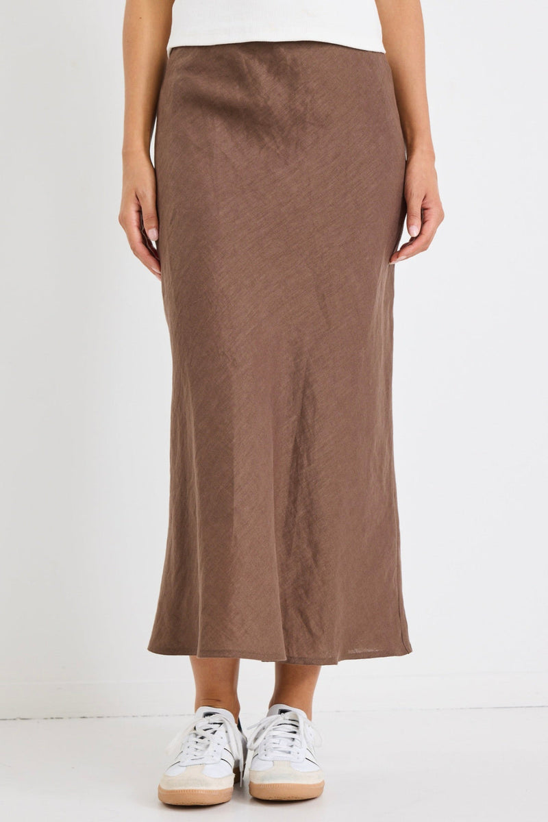 Bliss Chocolate Linen Bias Midi Skirt