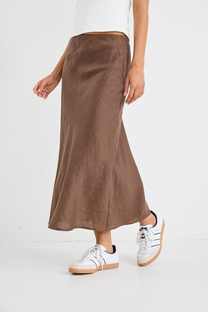 Bliss Chocolate Linen Bias Midi Skirt