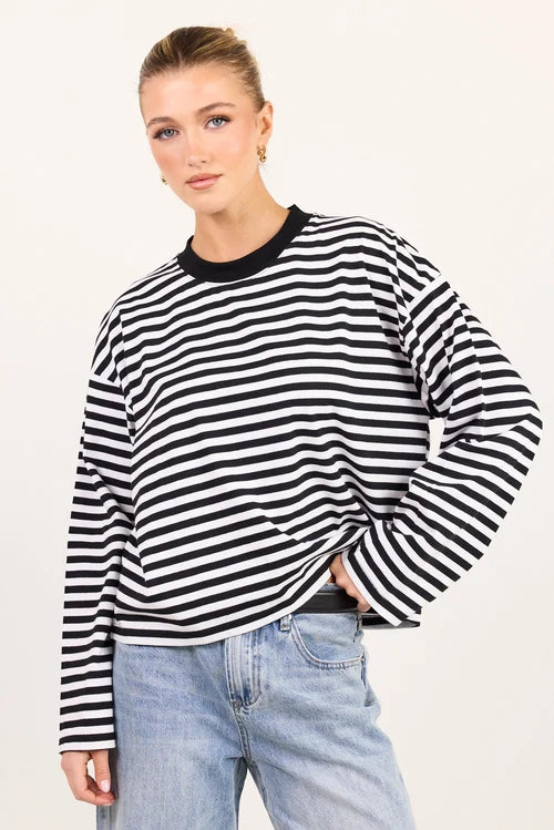 Unite Black White Stripe Long Sleeve Contrast Binding Tee