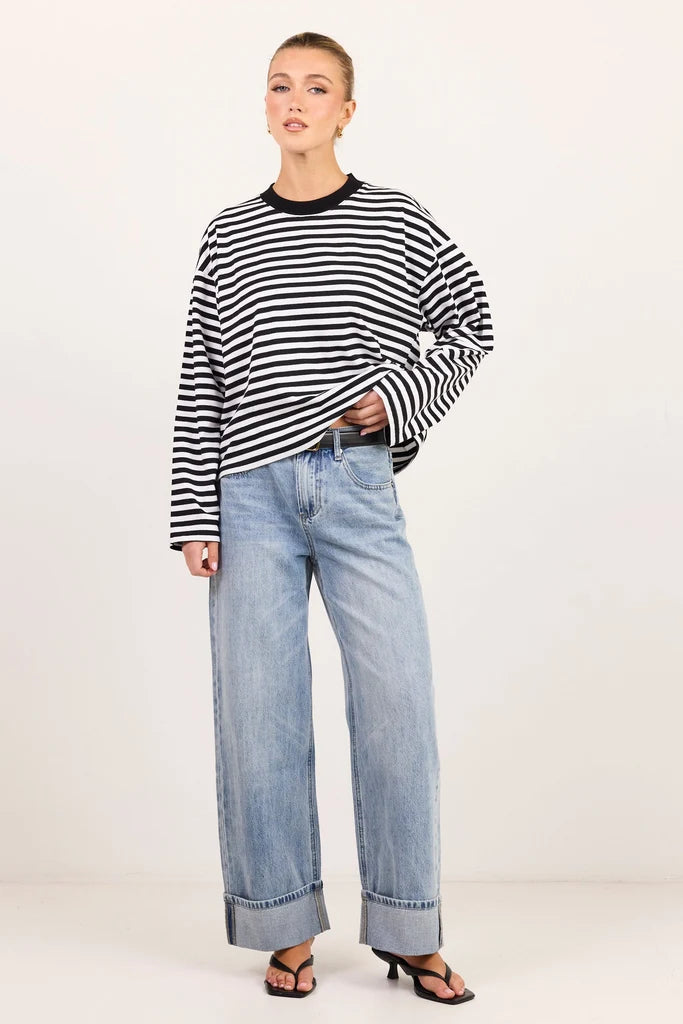 Unite Black White Stripe Long Sleeve Contrast Binding Tee