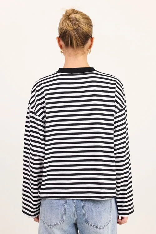 Unite Black White Stripe Long Sleeve Contrast Binding Tee