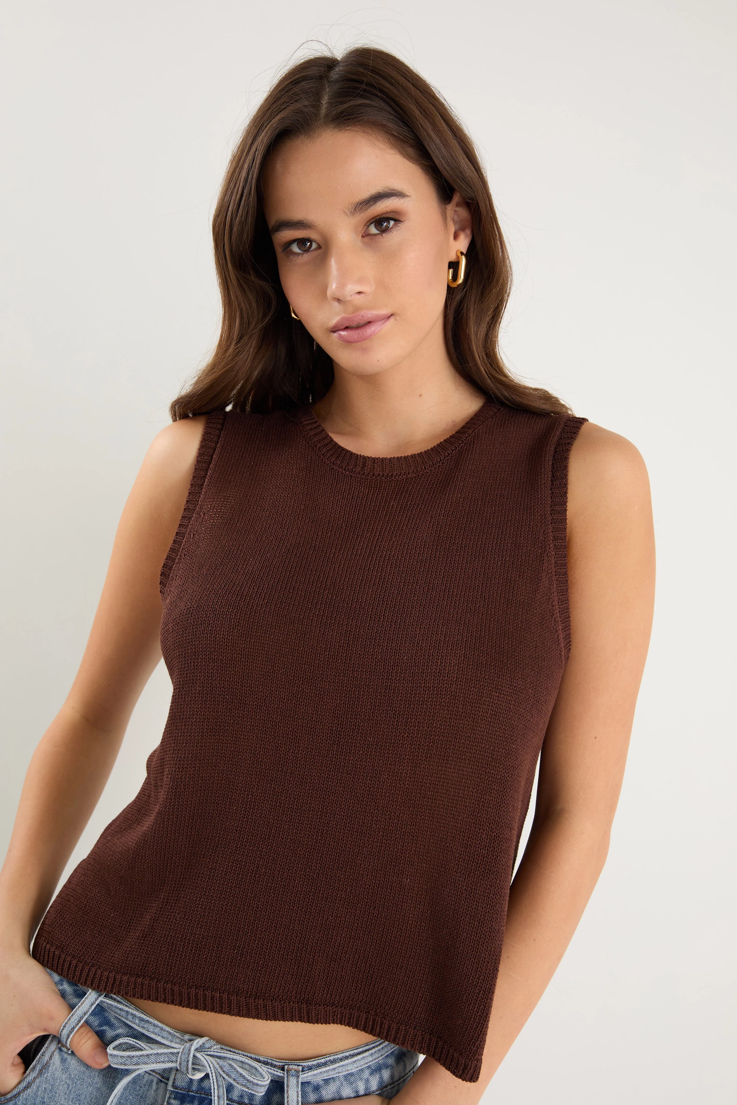 Salute Relaxed Sleeveless Knit Tank Top Chocolate