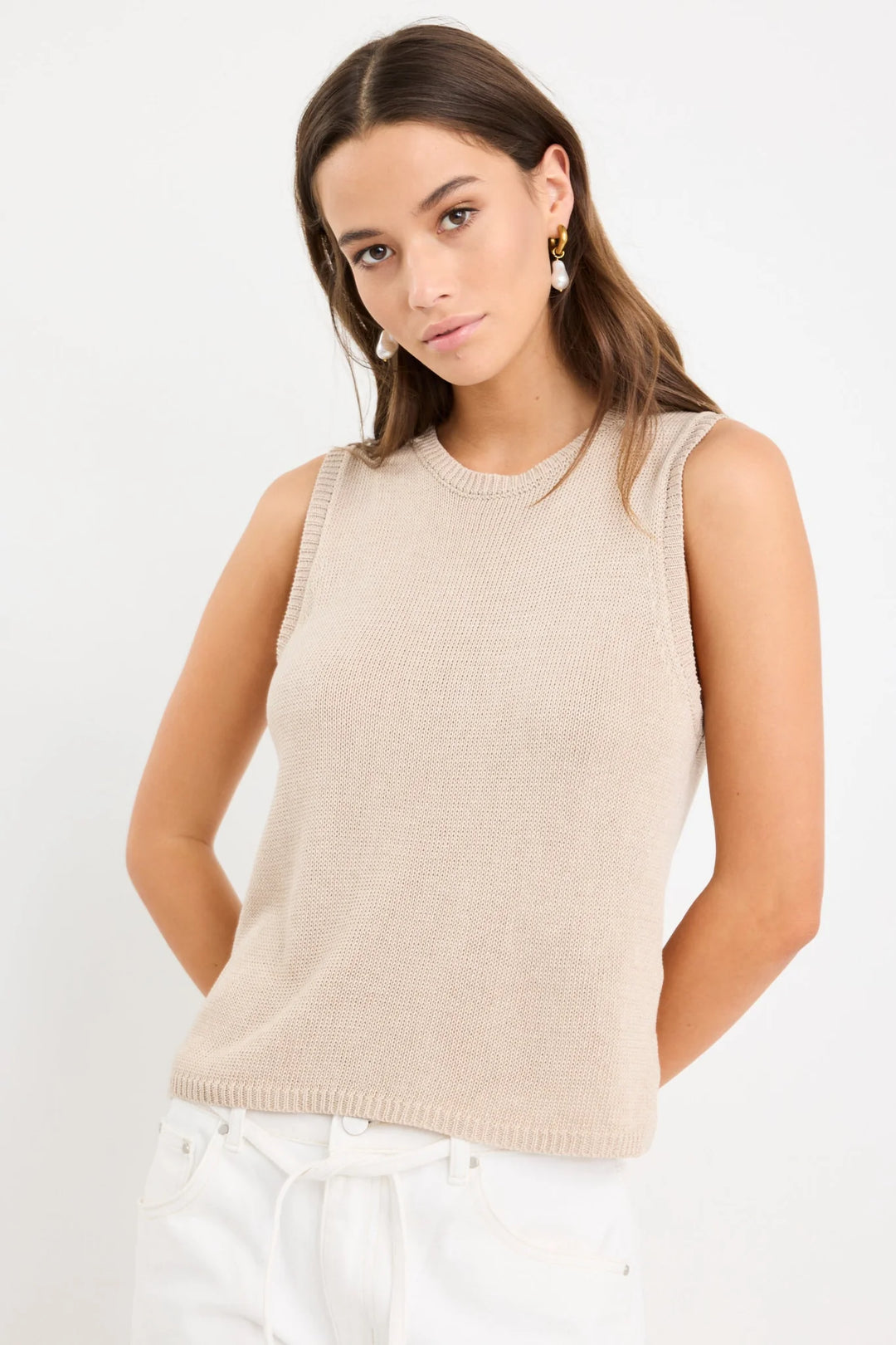 Salute Relaxed Sleeveless Knit Tank Top Sand
