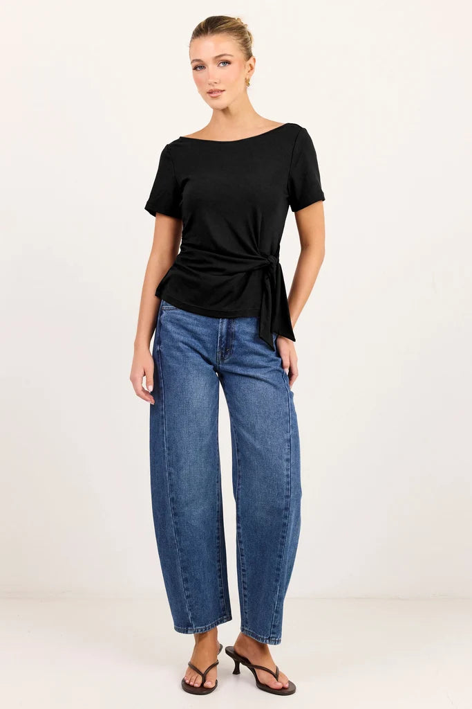 Turn Black Boat Neck Knot Front Short Sleeve Top