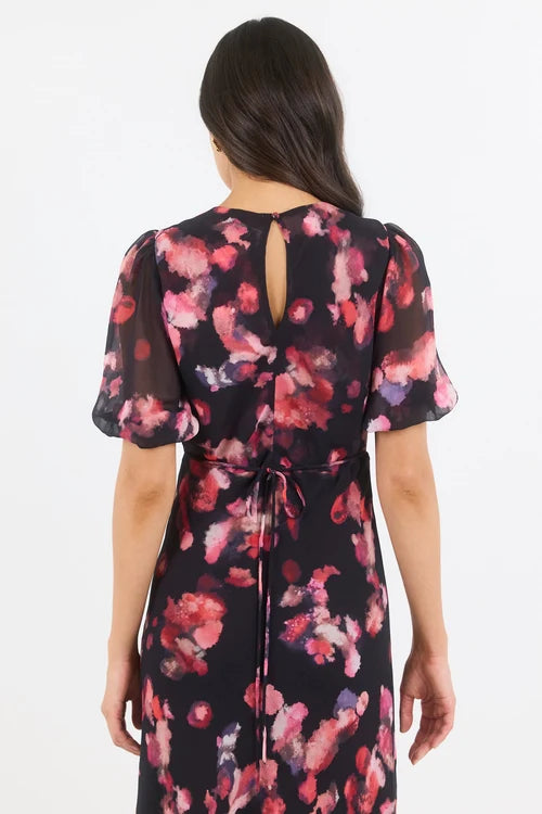 Noble Black Pink Abstract Print V Neck Puff Sleeve Midi Dress