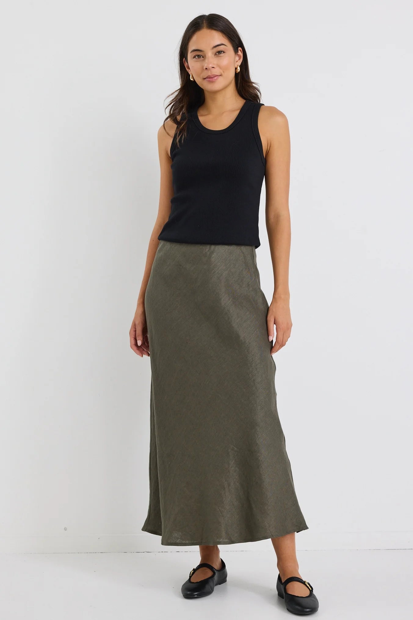 Bliss Khaki Linen Bias Midi Skirt