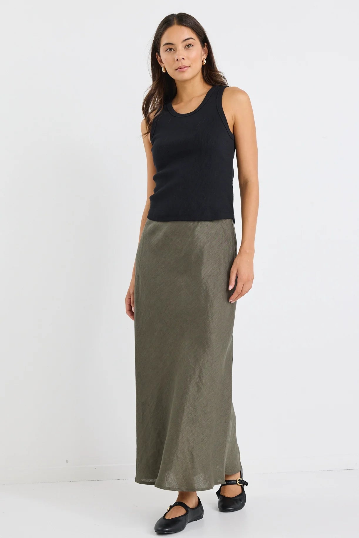Bliss Khaki Linen Bias Midi Skirt