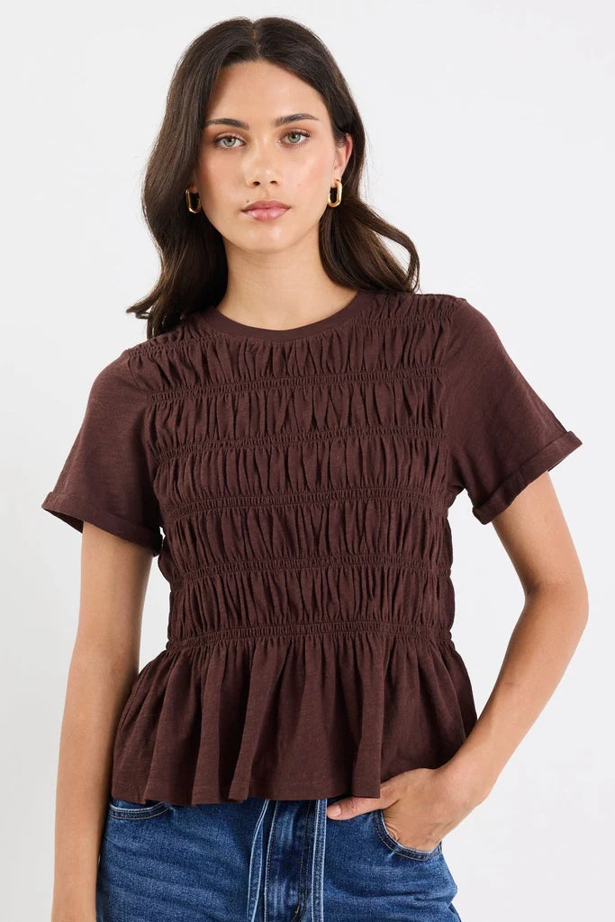 Neat Chocolate Slub Shirred Detail Short Sleeve Tee