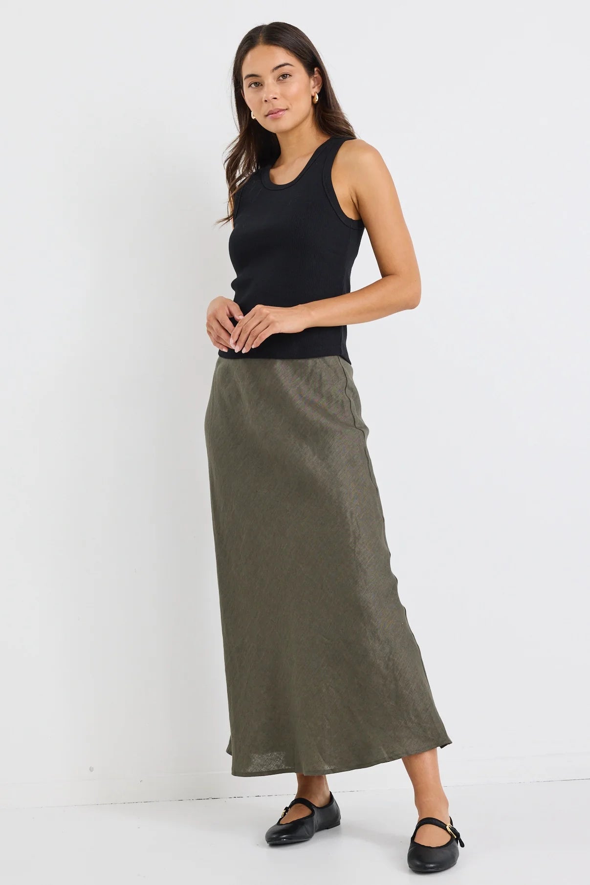 Bliss Khaki Linen Bias Midi Skirt