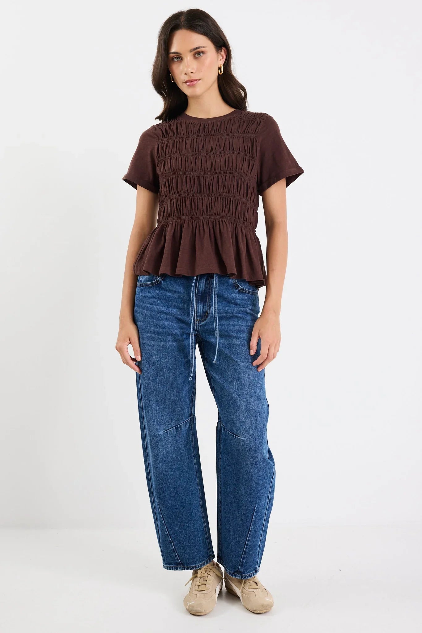 Neat Chocolate Slub Shirred Detail Short Sleeve Tee