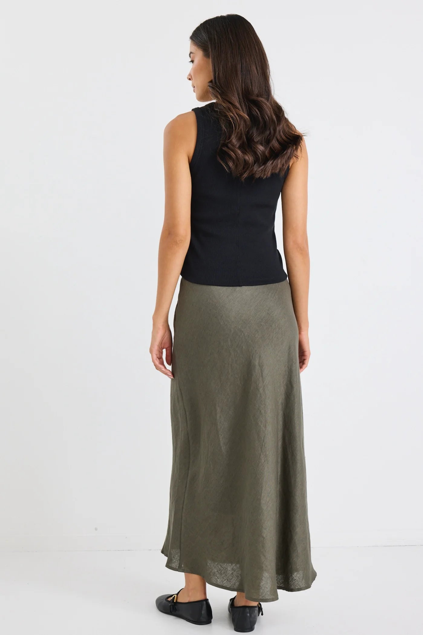 Bliss Khaki Linen Bias Midi Skirt