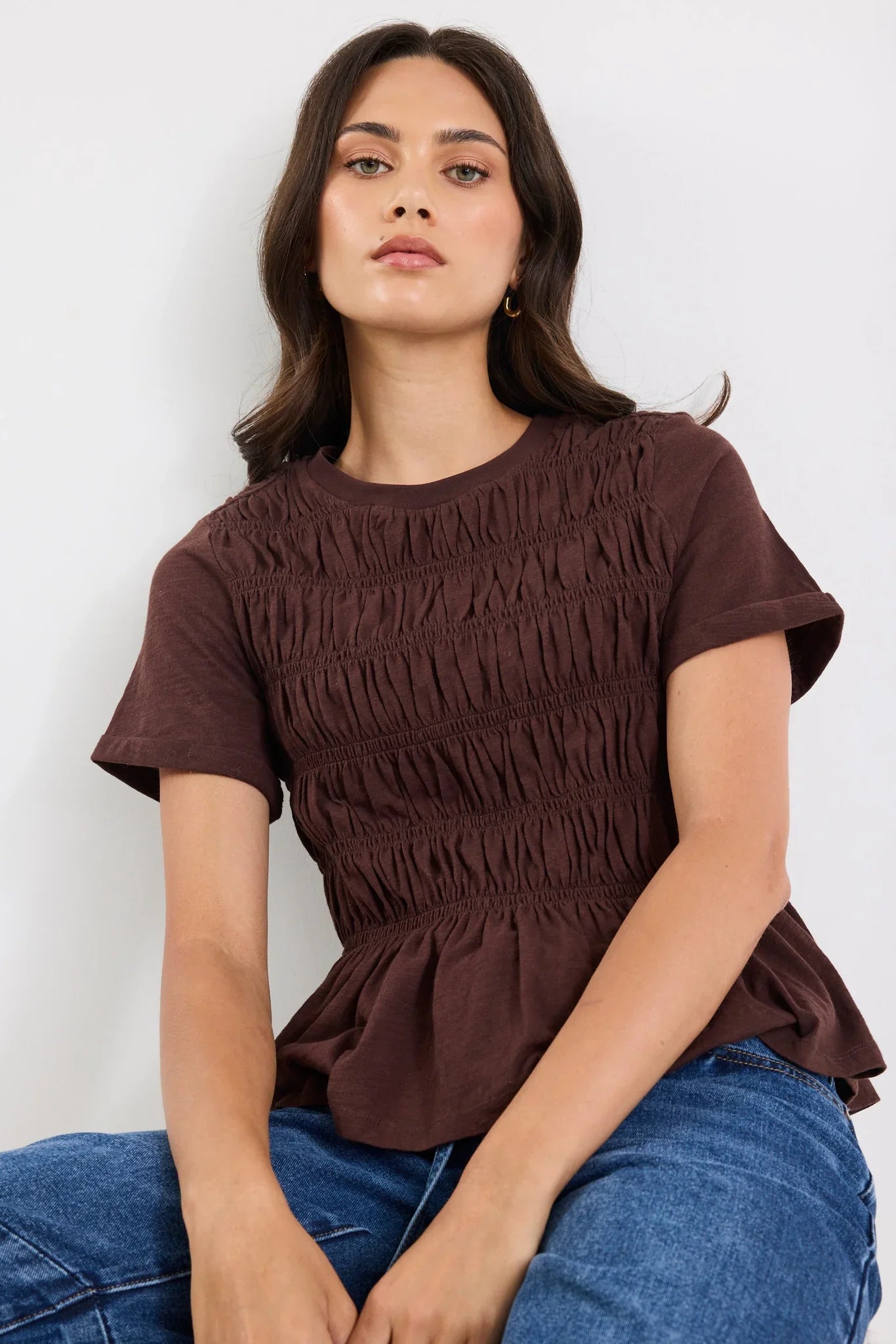 Neat Chocolate Slub Shirred Detail Short Sleeve Tee