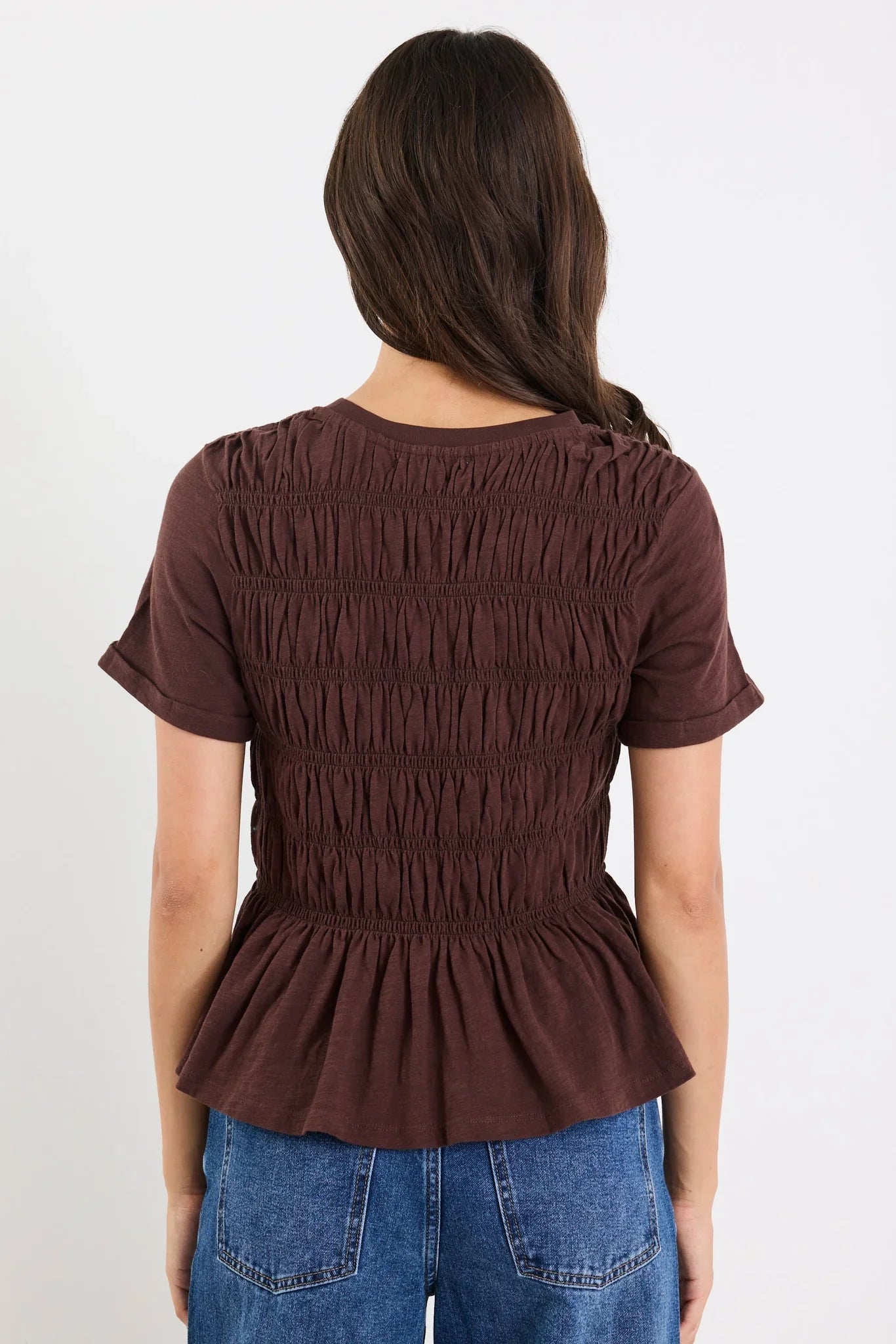 Neat Chocolate Slub Shirred Detail Short Sleeve Tee