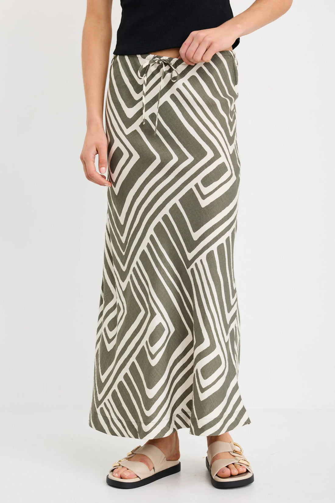 Departure Khaki Maze Print Tie Waist Bias Maxi Skirt