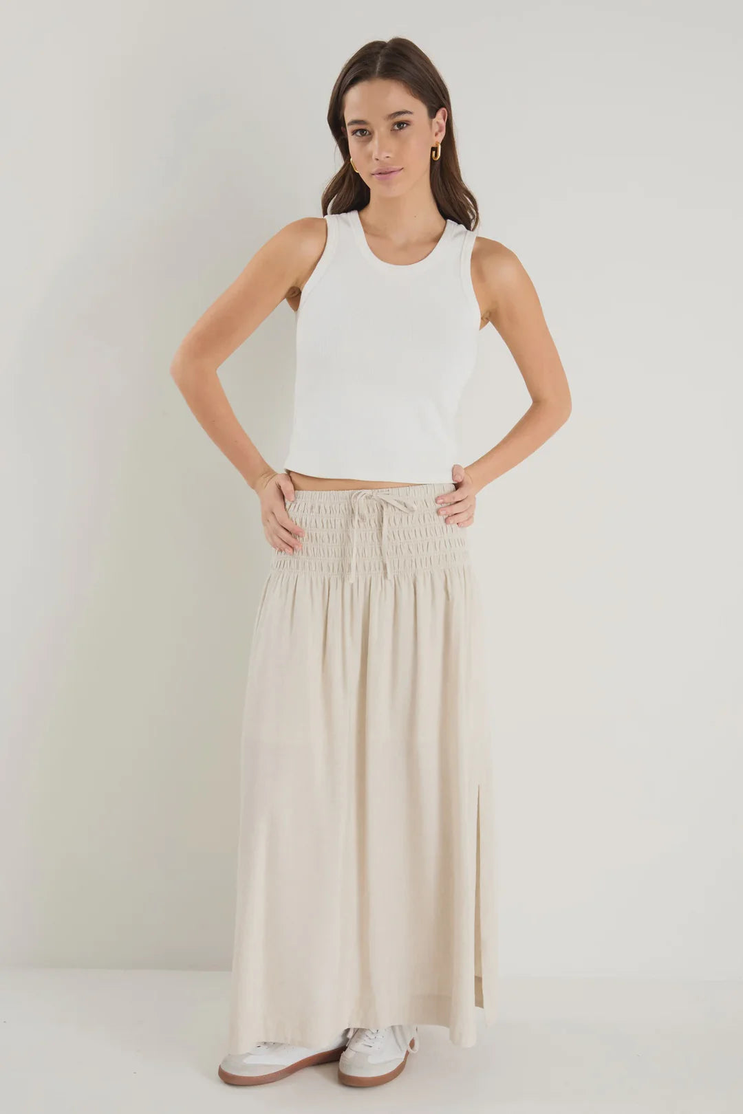 Byron Natural Linen Shirred Waist Maxi Skirt