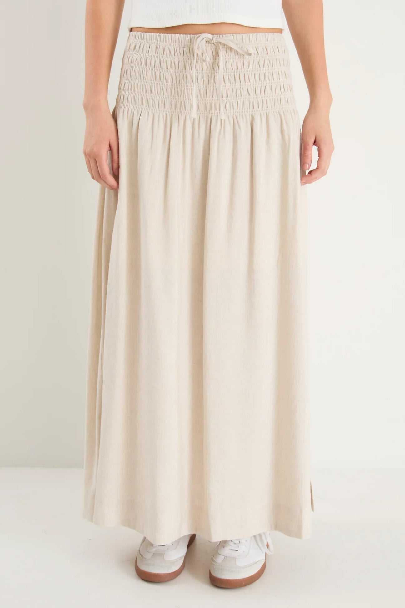 Byron Natural Linen Shirred Waist Maxi Skirt