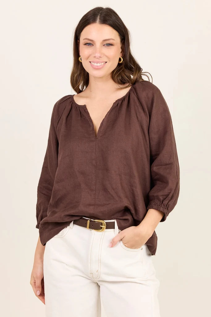 Revolutionary Dark Chocolate Linen Relaxed LS Top
