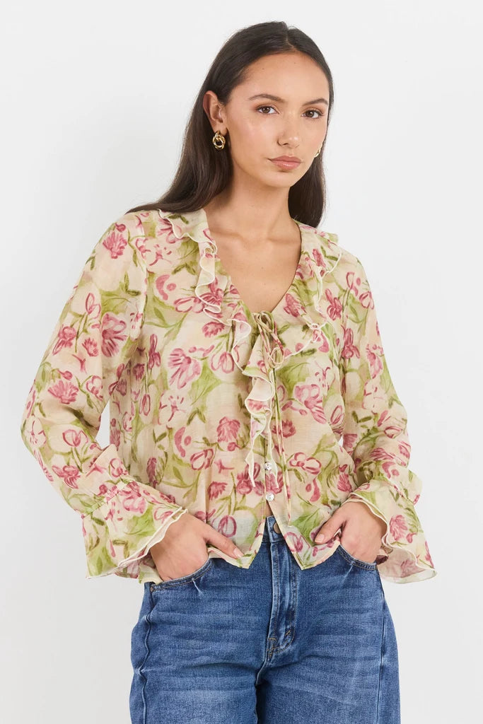 Bohemian Cream Blush Floral Sheer Frill Front Blouse